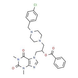 ChemSpider 2D Image | 1-[4-(4-Chlorobenzyl)-1-piperazinyl]-3-(1,3-dimethyl-2,6-dioxo-1,2,3,6-tetrahydro-7H-purin-7-yl)-2-propanyl benzoate | C28H31ClN6O4