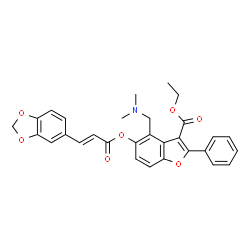 ChemSpider 2D Image | Ethyl 5-{[(2E)-3-(1,3-benzodioxol-5-yl)-2-propenoyl]oxy}-4-[(dimethylamino)methyl]-2-phenyl-1-benzofuran-3-carboxylate | C30H27NO7