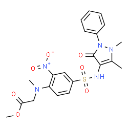ChemSpider 2D Image | Methyl N-{4-[(1,5-dimethyl-3-oxo-2-phenyl-2,3-dihydro-1H-pyrazol-4-yl)sulfamoyl]-2-nitrophenyl}-N-methylglycinate | C21H23N5O7S