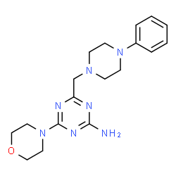 ChemSpider 2D Image | 4-(4-Morpholinyl)-6-[(4-phenyl-1-piperazinyl)methyl]-1,3,5-triazin-2-amine | C18H25N7O