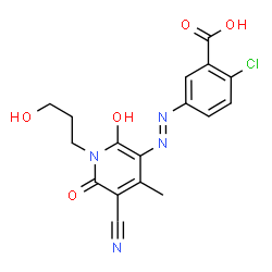 ChemSpider 2D Image | 2-Chloro-5-{(E)-[5-cyano-2-hydroxy-1-(3-hydroxypropyl)-4-methyl-6-oxo-1,6-dihydro-3-pyridinyl]diazenyl}benzoic acid | C17H15ClN4O5
