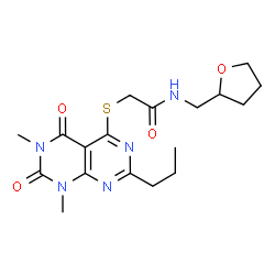 ChemSpider 2D Image | 2-[(6,8-Dimethyl-5,7-dioxo-2-propyl-5,6,7,8-tetrahydropyrimido[4,5-d]pyrimidin-4-yl)sulfanyl]-N-(tetrahydro-2-furanylmethyl)acetamide | C18H25N5O4S