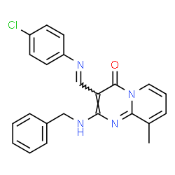 ChemSpider 2D Image | 2-(Benzylamino)-3-{(E)-[(4-chlorophenyl)imino]methyl}-9-methyl-4H-pyrido[1,2-a]pyrimidin-4-one | C23H19ClN4O