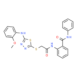 ChemSpider 2D Image | 2-{[({5-[(2-Methoxyphenyl)amino]-1,3,4-thiadiazol-2-yl}sulfanyl)acetyl]amino}-N-phenylbenzamide | C24H21N5O3S2