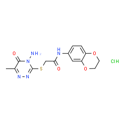 ChemSpider 2D Image | 2-[(4-Amino-6-methyl-5-oxo-4,5-dihydro-1,2,4-triazin-3-yl)sulfanyl]-N-(2,3-dihydro-1,4-benzodioxin-6-yl)acetamide hydrochloride (1:1) | C14H16ClN5O4S