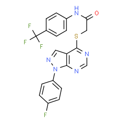 ChemSpider 2D Image | 2-{[1-(4-Fluorophenyl)-1H-pyrazolo[3,4-d]pyrimidin-4-yl]sulfanyl}-N-[4-(trifluoromethyl)phenyl]acetamide | C20H13F4N5OS
