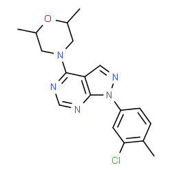 ChemSpider 2D Image | 1-(3-Chloro-4-methylphenyl)-4-(2,6-dimethyl-4-morpholinyl)-1H-pyrazolo[3,4-d]pyrimidine | C18H20ClN5O