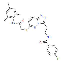 ChemSpider 2D Image | 4-Fluoro-N-[2-(6-{[2-(mesitylamino)-2-oxoethyl]sulfanyl}[1,2,4]triazolo[4,3-b]pyridazin-3-yl)ethyl]benzamide | C25H25FN6O2S