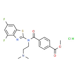 ChemSpider 2D Image | Methyl 4-{(4,6-difluoro-1,3-benzothiazol-2-yl)[2-(dimethylamino)ethyl]carbamoyl}benzoate hydrochloride (1:1) | C20H20ClF2N3O3S