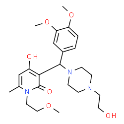 ChemSpider 2D Image | 3-{(3,4-Dimethoxyphenyl)[4-(2-hydroxyethyl)-1-piperazinyl]methyl}-4-hydroxy-1-(2-methoxyethyl)-6-methyl-2(1H)-pyridinone | C24H35N3O6