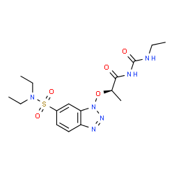 ChemSpider 2D Image | (2R)-2-{[6-(Diethylsulfamoyl)-1H-benzotriazol-1-yl]oxy}-N-(ethylcarbamoyl)propanamide | C16H24N6O5S