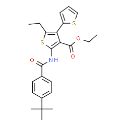ChemSpider 2D Image | Ethyl 2'-ethyl-5'-{[4-(2-methyl-2-propanyl)benzoyl]amino}-2,3'-bithiophene-4'-carboxylate | C24H27NO3S2