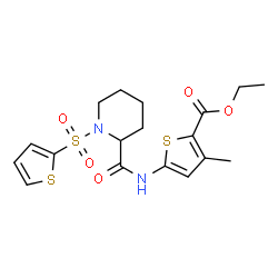 ChemSpider 2D Image | Ethyl 3-methyl-5-({[1-(2-thienylsulfonyl)-2-piperidinyl]carbonyl}amino)-2-thiophenecarboxylate | C18H22N2O5S3