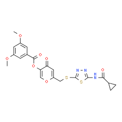ChemSpider 2D Image | 6-[({5-[(Cyclopropylcarbonyl)amino]-1,3,4-thiadiazol-2-yl}sulfanyl)methyl]-4-oxo-4H-pyran-3-yl 3,5-dimethoxybenzoate | C21H19N3O7S2