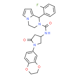 ChemSpider 2D Image | N-[1-(2,3-Dihydro-1,4-benzodioxin-6-yl)-5-oxo-3-pyrrolidinyl]-1-(2-fluorophenyl)-3,4-dihydropyrrolo[1,2-a]pyrazine-2(1H)-carboxamide | C26H25FN4O4
