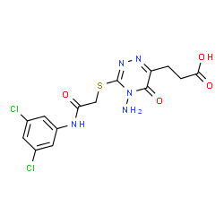 ChemSpider 2D Image | 3-[4-Amino-3-({2-[(3,5-dichlorophenyl)amino]-2-oxoethyl}sulfanyl)-5-oxo-4,5-dihydro-1,2,4-triazin-6-yl]propanoic acid | C14H13Cl2N5O4S