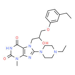 ChemSpider 2D Image | 7-[3-(3-Ethylphenoxy)-2-hydroxypropyl]-8-(4-ethyl-1-piperazinyl)-3-methyl-3,7-dihydro-1H-purine-2,6-dione | C23H32N6O4