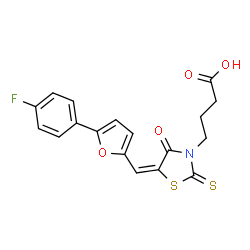 ChemSpider 2D Image | 4-[(5E)-5-{[5-(4-Fluorophenyl)-2-furyl]methylene}-4-oxo-2-thioxo-1,3-thiazolidin-3-yl]butanoic acid | C18H14FNO4S2