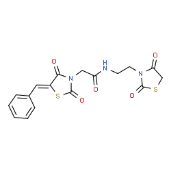 ChemSpider 2D Image | 2-[(5Z)-5-Benzylidene-2,4-dioxo-1,3-thiazolidin-3-yl]-N-[2-(2,4-dioxo-1,3-thiazolidin-3-yl)ethyl]acetamide | C17H15N3O5S2