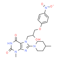 ChemSpider 2D Image | 7-[2-Hydroxy-3-(4-nitrophenoxy)propyl]-3-methyl-8-(4-methyl-1-piperidinyl)-3,7-dihydro-1H-purine-2,6-dione | C21H26N6O6
