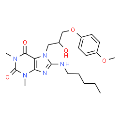 ChemSpider 2D Image | 7-[2-Hydroxy-3-(4-methoxyphenoxy)propyl]-1,3-dimethyl-8-(pentylamino)-3,7-dihydro-1H-purine-2,6-dione | C22H31N5O5