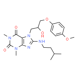 ChemSpider 2D Image | 7-[2-Hydroxy-3-(4-methoxyphenoxy)propyl]-1,3-dimethyl-8-[(3-methylbutyl)amino]-3,7-dihydro-1H-purine-2,6-dione | C22H31N5O5