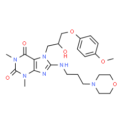 ChemSpider 2D Image | 7-[2-Hydroxy-3-(4-methoxyphenoxy)propyl]-1,3-dimethyl-8-{[3-(4-morpholinyl)propyl]amino}-3,7-dihydro-1H-purine-2,6-dione | C24H34N6O6