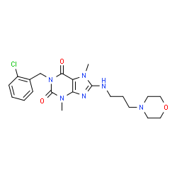 ChemSpider 2D Image | 1-(2-Chlorobenzyl)-3,7-dimethyl-8-{[3-(4-morpholinyl)propyl]amino}-3,7-dihydro-1H-purine-2,6-dione | C21H27ClN6O3