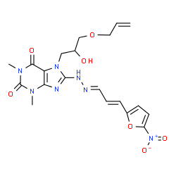 ChemSpider 2D Image | 7-[3-(Allyloxy)-2-hydroxypropyl]-1,3-dimethyl-8-{(2E)-2-[(2E)-3-(5-nitro-2-furyl)-2-propen-1-ylidene]hydrazino}-3,7-dihydro-1H-purine-2,6-dione | C20H23N7O7
