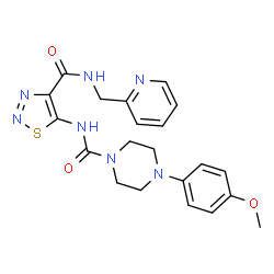ChemSpider 2D Image | 4-(4-Methoxyphenyl)-N-{4-[(2-pyridinylmethyl)carbamoyl]-1,2,3-thiadiazol-5-yl}-1-piperazinecarboxamide | C21H23N7O3S