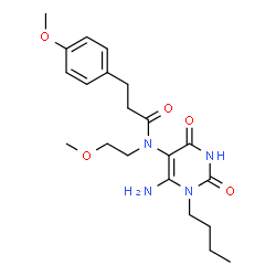 ChemSpider 2D Image | N-(6-Amino-1-butyl-2,4-dioxo-1,2,3,4-tetrahydro-5-pyrimidinyl)-N-(2-methoxyethyl)-3-(4-methoxyphenyl)propanamide | C21H30N4O5