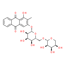 ChemSpider 2D Image | 4-Hydroxy-3-methyl-9,10-dioxo-9,10-dihydro-2-anthracenyl 6-O-beta-D-ribopyranosyl-beta-D-allopyranoside | C26H28O13