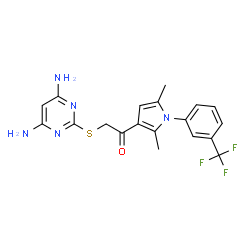 ChemSpider 2D Image | 2-[(4,6-Diamino-2-pyrimidinyl)sulfanyl]-1-{2,5-dimethyl-1-[3-(trifluoromethyl)phenyl]-1H-pyrrol-3-yl}ethanone | C19H18F3N5OS