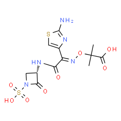 ChemSpider 2D Image | 2-({(E)-[1-(2-Amino-1,3-thiazol-4-yl)-2-oxo-2-{[(3S)-2-oxo-1-sulfo-3-azetidinyl]amino}ethylidene]amino}oxy)-2-methylpropanoic acid | C12H15N5O8S2