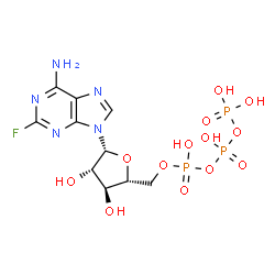 ChemSpider 2D Image | 2-Fluoro-9-[5-O-(hydroxy{[hydroxy(phosphonooxy)phosphoryl]oxy}phosphoryl)-beta-D-arabinofuranosyl]-9H-purin-6-amine | C10H15FN5O13P3