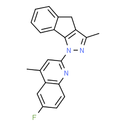 ChemSpider 2D Image | 1-(6-Fluoro-4-methyl-2-quinolinyl)-3-methyl-1,4-dihydroindeno[1,2-c]pyrazole | C21H16FN3