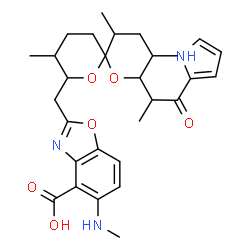 ChemSpider 2D Image | 5-(Methylamino)-2-({3,9,11-trimethyl-8-[1-oxo-1-(1H-pyrrol-2-yl)-2-propanyl]-1,7-dioxaspiro[5.5]undec-2-yl}methyl)-1,3-benzoxazole-4-carboxylic acid | C29H37N3O6