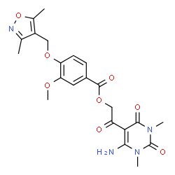 ChemSpider 2D Image | 2-(6-Amino-1,3-dimethyl-2,4-dioxo-1,2,3,4-tetrahydro-5-pyrimidinyl)-2-oxoethyl 4-[(3,5-dimethyl-1,2-oxazol-4-yl)methoxy]-3-methoxybenzoate | C22H24N4O8