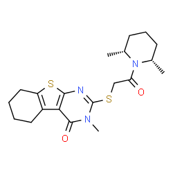 ChemSpider 2D Image | 2-({2-[(2R,6S)-2,6-Dimethyl-1-piperidinyl]-2-oxoethyl}sulfanyl)-3-methyl-5,6,7,8-tetrahydro[1]benzothieno[2,3-d]pyrimidin-4(3H)-one | C20H27N3O2S2