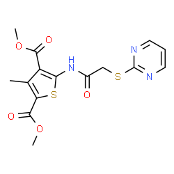 ChemSpider 2D Image | Dimethyl 3-methyl-5-{[(2-pyrimidinylsulfanyl)acetyl]amino}-2,4-thiophenedicarboxylate | C15H15N3O5S2