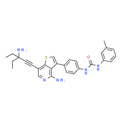 ChemSpider 2D Image | 1-{4-[4-Amino-7-(3-amino-3-ethyl-1-pentyn-1-yl)thieno[3,2-c]pyridin-3-yl]phenyl}-3-(3-methylphenyl)urea | C28H29N5OS