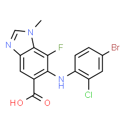 ChemSpider 2D Image | 6-[(4-Bromo-2-chlorophenyl)amino]-7-fluoro-1-methyl-1H-benzimidazole-5-carboxylic acid | C15H10BrClFN3O2