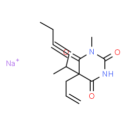 ChemSpider 2D Image | 4,6(1H,5H)-pyrimidinedione, 2-hydroxy-1-methyl-5-(1-methyl-2-pentynyl)-5-(2-propenyl)-, sodium salt | C14H18N2NaO3