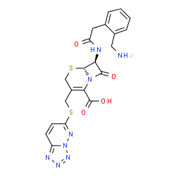 ChemSpider 2D Image | (6S,7S)-7-({[2-(Aminomethyl)phenyl]acetyl}amino)-8-oxo-3-[(tetrazolo[1,5-b]pyridazin-6-ylsulfanyl)methyl]-5-thia-1-azabicyclo[4.2.0]oct-2-ene-2-carboxylic acid | C21H20N8O4S2