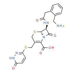 ChemSpider 2D Image | (6S,7S)-7-({[2-(Aminomethyl)phenyl]acetyl}amino)-8-oxo-3-{[(6-oxo-1,6-dihydro-3-pyridazinyl)sulfanyl]methyl}-5-thia-1-azabicyclo[4.2.0]oct-2-ene-2-carboxylic acid | C21H21N5O5S2
