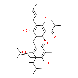 ChemSpider 2D Image | 3,5-Dihydroxy-4-isobutyryl-2-methyl-4-(3-methyl-2-butenyl)-6-(2,4,6-trihydroxy-3-isobutyryl-5-(3-methyl-2-butenyl)benzyl)-2,5-cyclohexadien-1-one | C32H42O8