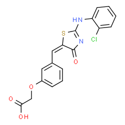 ChemSpider 2D Image | {3-[(E)-{2-[(2-Chlorophenyl)amino]-4-oxo-1,3-thiazol-5(4H)-ylidene}methyl]phenoxy}acetic acid | C18H13ClN2O4S