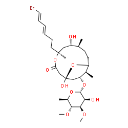 ChemSpider 2D Image | (1R,5S,7S,8S,11R,12S,13R)-5-[(3E,5E)-6-Bromo-3,5-hexadien-1-yl]-1,7-dihydroxy-5,8,12-trimethyl-3-oxo-4,15-dioxabicyclo[9.3.1]pentadec-13-yl 6-deoxy-3,4-di-O-methyl-alpha-D-mannopyranoside | C30H49BrO10