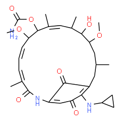 ChemSpider 2D Image | 19-(Cyclopropylamino)-13-hydroxy-8,14-dimethoxy-4,10,12,16-tetramethyl-3,20,22-trioxo-2-azabicyclo(16.3.1)docosa-1(21),4,6,10,18-pentaen-9-yl carbamate | C31H43N3O8