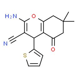ChemSpider 2D Image | 2-Amino-7,7-dimethyl-5-oxo-4-(2-thienyl)-5,6,7,8-tetrahydro-4H-chromene-3-carbonitrile | C16H16N2O2S